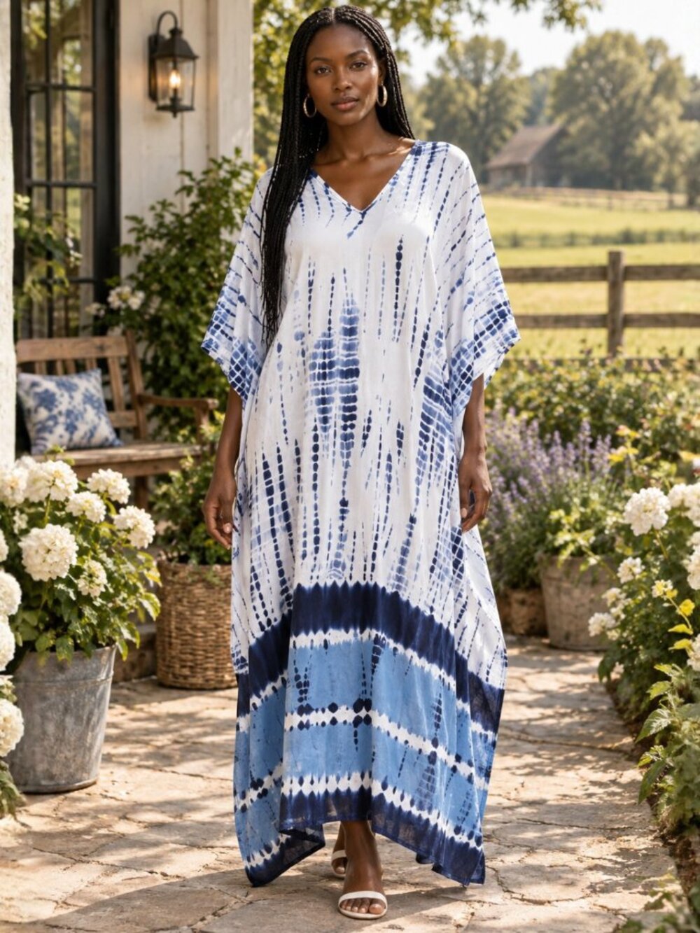 Women White & Blue Polyester Caftan Maxi Dress Stylish Mumu Cover Up Dresses